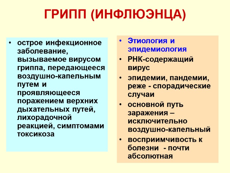 ГРИПП (ИНФЛЮЭНЦА)  острое инфекционное заболевание, вызываемое вирусом гриппа, передающееся воздушно-капельным путем и проявляющееся